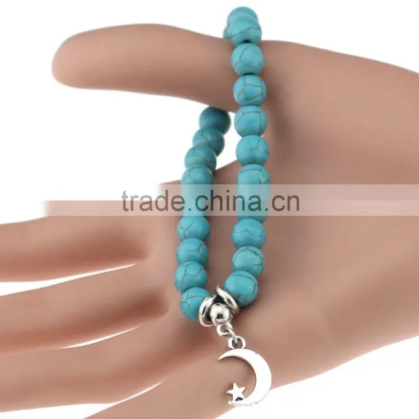 Wholesale Handmade Fashion Women Turquoise Popular Alloy Pendant Elasticity Bracelet photo-3