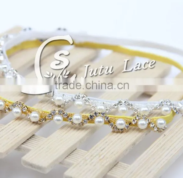 Newborn Baby Rhinestone Pearls Elastic Headband Hair Accessories / Glitter Crystal Diamond Ribbon Silk Jewelry on Sale photo-2