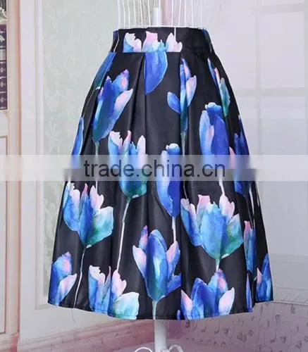 Women Fashion Retro Elegant Elastic High Waist Zipper Flower Print Pleated Midi Skirt photo-6