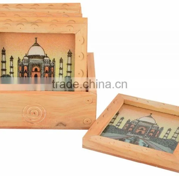 Wooden Handicraft Gem Stone Art Taj Mahal Print Tea Coaster
