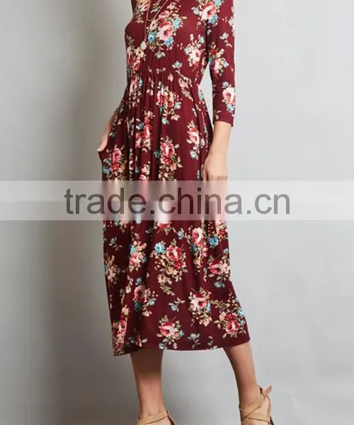 Private Label Long Sleeve Floral Pocket Midi Length Fashion US Size Women Dresses 2017 Summer photo-5
