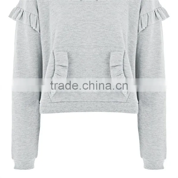 2017 Oem Spring Long Sleeves Solid Color Pretty Ruffle Grey Marl Hoodie photo-5