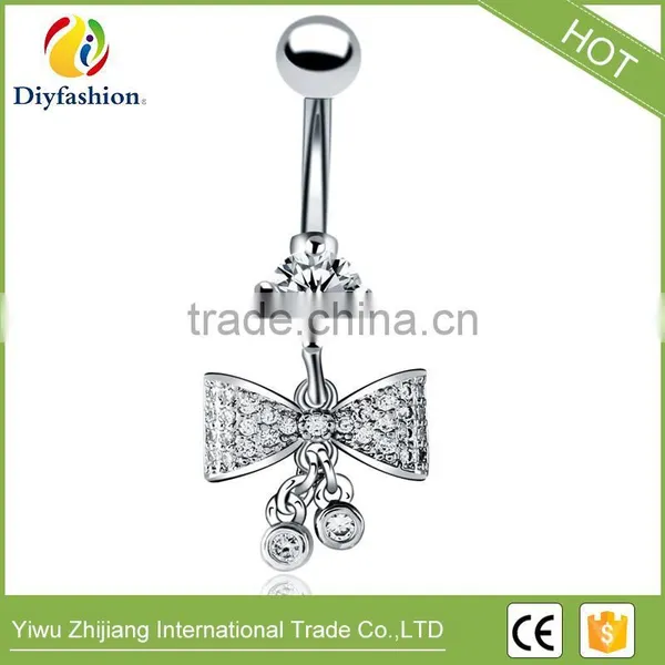 Stainless Steel Big CZ Bowknot Long Navel Ring photo-2