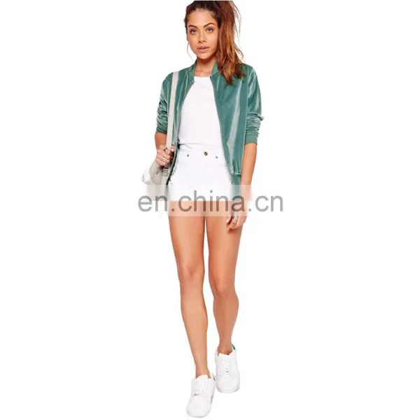 2017 Hotsale Women's Latest Fashion Zipper Collar Silk Velvet Bomber Jacket photo-6