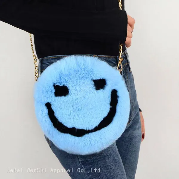 029Plush Bag Round Smiley Bag One Shoulder Oblique Cross Bag Cute Girl Fur Bag Wholesale photo-4