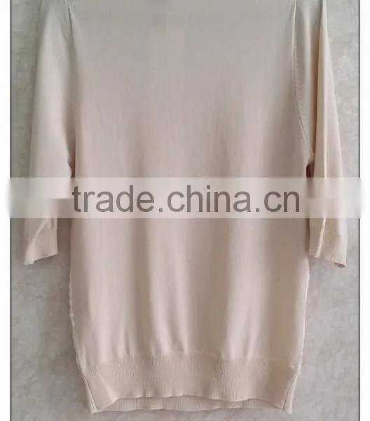 2015 Women Knitting Ladies' Blouse Short Sleeve Beaded Round Neck Pullover With Lace Patchwork photo-2