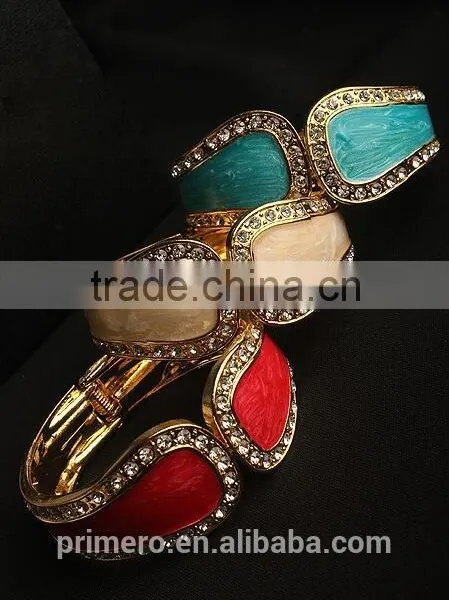 Exaggerate Cuff Bangles Gold Plated Metal Glaze Rhinestones Statement Bracelets photo-5