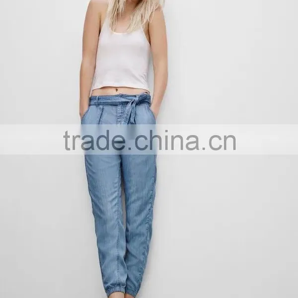 Hot Trendy Women High Waist Pockets Bow Sashes Denim Jeans Harem Pants Trousers photo-2
