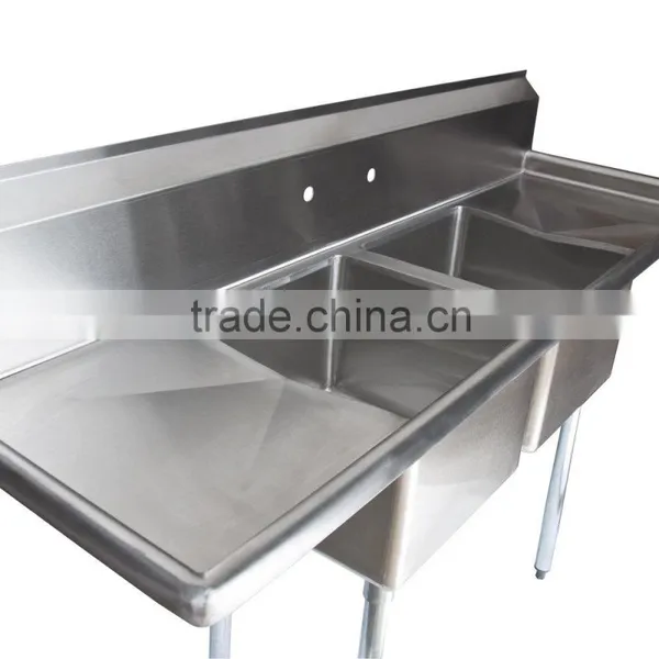 Freestanding Restaurant Kitchen 2 Two Compartment Commercial Stainless Steel Sink With Two Drainboard photo-2