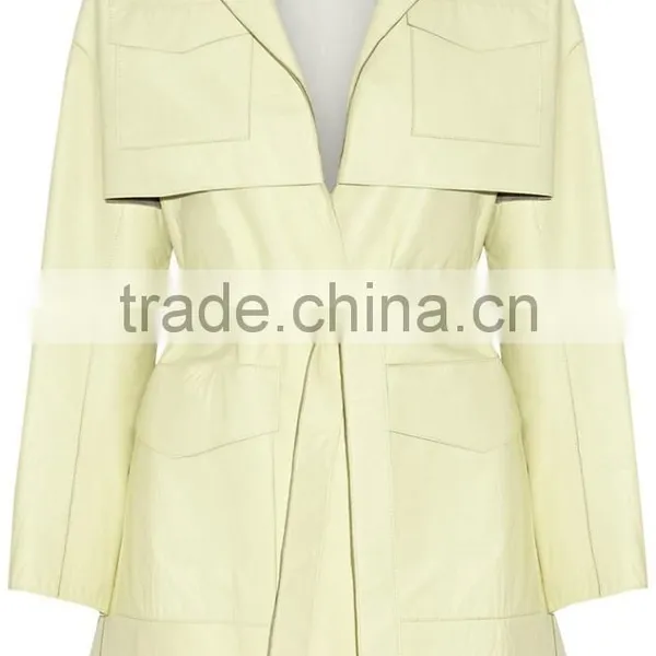 Fashion Design Women Light Green Leather Trench Coat OEM Service photo-3