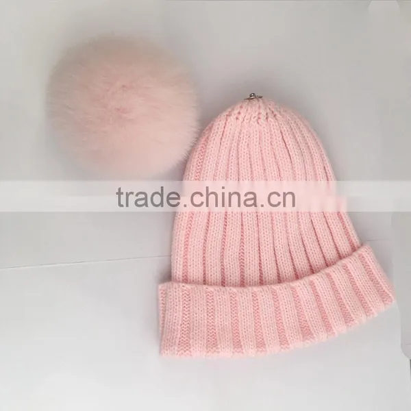 Myfur Baby Pink Bright Wool Knit Hat Wholesale With Real Fox Fur Pom Pom photo-3