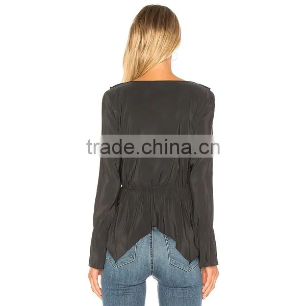 Frilled Wrap Design Chic Long Sleeve Black Peplum Blouse for Women photo-3