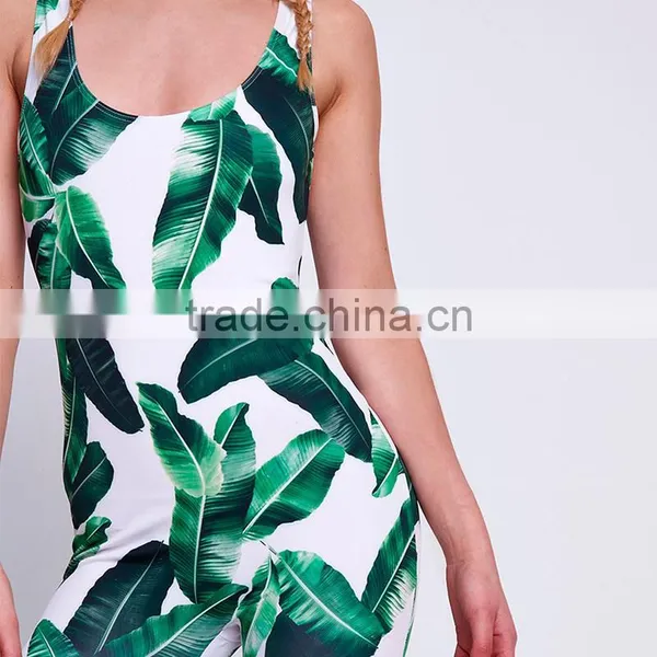 Scoop Neck Sleeveless Palm Leaf Print One Piece Women Tight Latex Catsuit photo-4