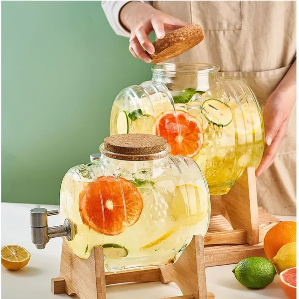 Premium Stylish Large-Capacity Glass Juice Can Dispenser - Big Jar w/ Integrated Spigot & Wooden Base, Great for Home Parties & Daily Use photo-2