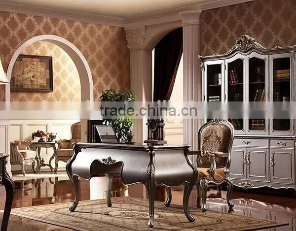 European Style Luxury Executive Office Desk, Classic Wood Carving Writing Table, Silver Foil Home Office Furniture (BF01-ML019) photo-2