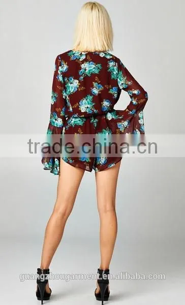 Cheap 2015 Sexy Ladies Long Bell Sleeve Deep V Neck Print Floral Plus Size Loose Short Chiffon Playsuit Romper Jumpsuit photo-5