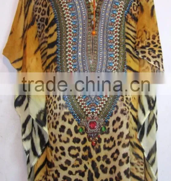 Leopard Print Crystal Embellished Tie up Kaftan CAFTAN Tunic Poncho Blouse photo-6