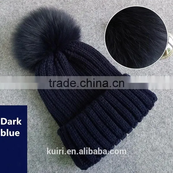 Adult Lady Fox Fur Pom Pom Crochet Warm Black Winter Knitted Hats Cap For Women Perfect Valentine's Day Gift photo-2