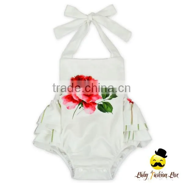 Summer Infant Fairy Clothes Plant Blank White Flower Printed Halter Ruffle Design Newborn Baby Girl Dressy Floral Romper photo-3