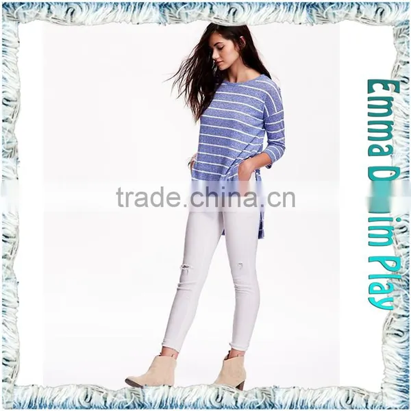 2016 Latest Custom Designer Blue Stripe Long Open Hem Womens Three Quarters Sleeve Round Neck T Shirts