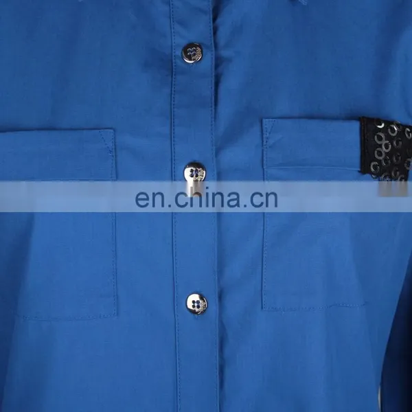 Fashion Style Deep Blue Plus Size Woman Long Shirt With Pocket photo-3