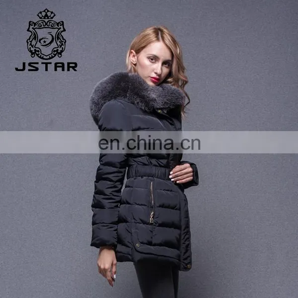 Cheap Black Waist Fed Down Feather Fur Collar Coat photo-4