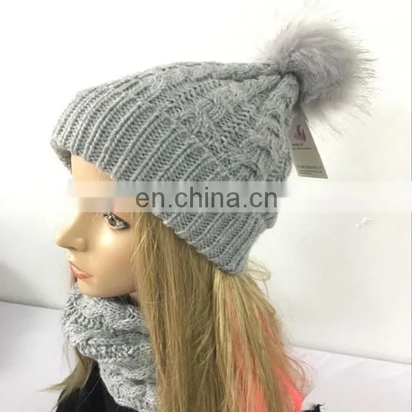Newest Women's Fashion Winter Pur Colour Acrylic Knitted Scarf Hat Set With Ball on Hat photo-2