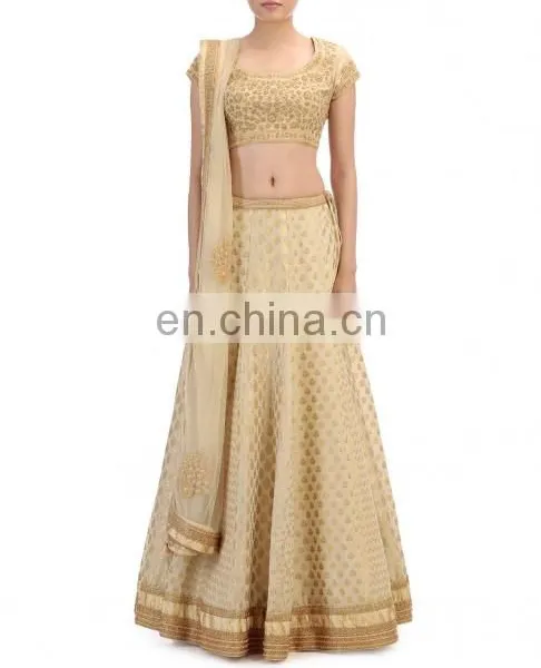 Cream and Golden Embroidered Lengha