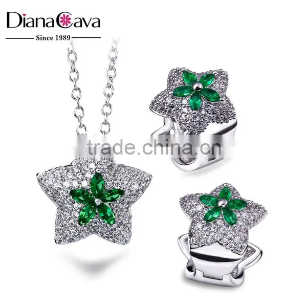 New White Gold Green Color CZ Stones Star Charm Pendant Jewelry Necklace Set photo-2