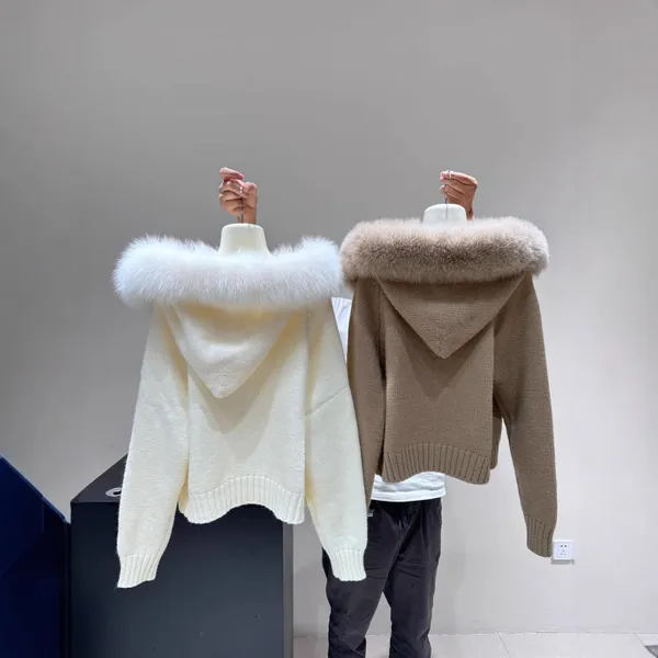 New Sweet Buttery Real Fur Big Fox Fur Collar Autumn and Winter Thick Knitted Sweater Young Fur Coat Cardigan Pull photo-2