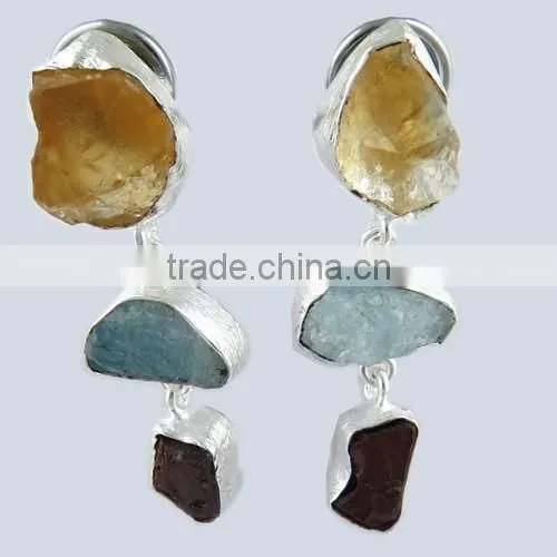 Designer Rough Citrine & Aquamarine & Garnet Silver Earring, Gemstone Silver Jewelry, Handmade Silver Jewelry
