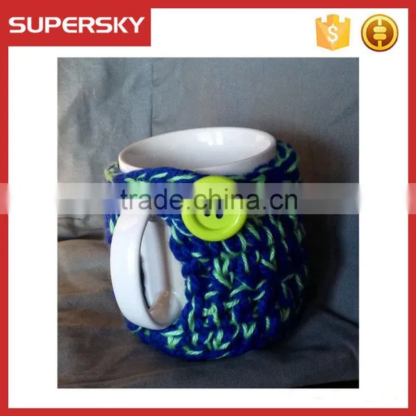 V-65 Blue and Green Crochet Knit Sleeve Warmer Cup Mug Sweater With Greeen Button photo-2