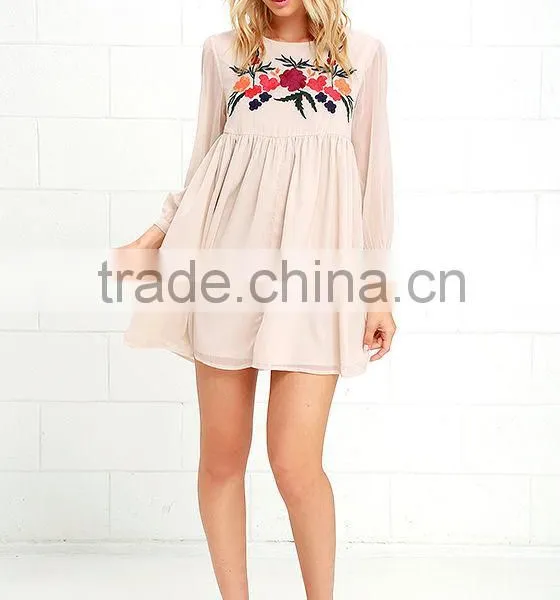 2016 Latest Dress Design 3/4 Sleeves Chiffon Dress With Floral Embroidery Summer Dress photo-3