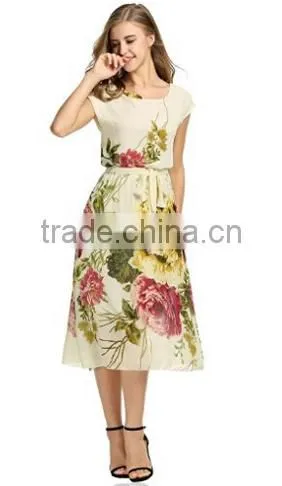 Women's Short Sleeve Crewneck Chiffon Floral Printed Midi Party Dress photo-4