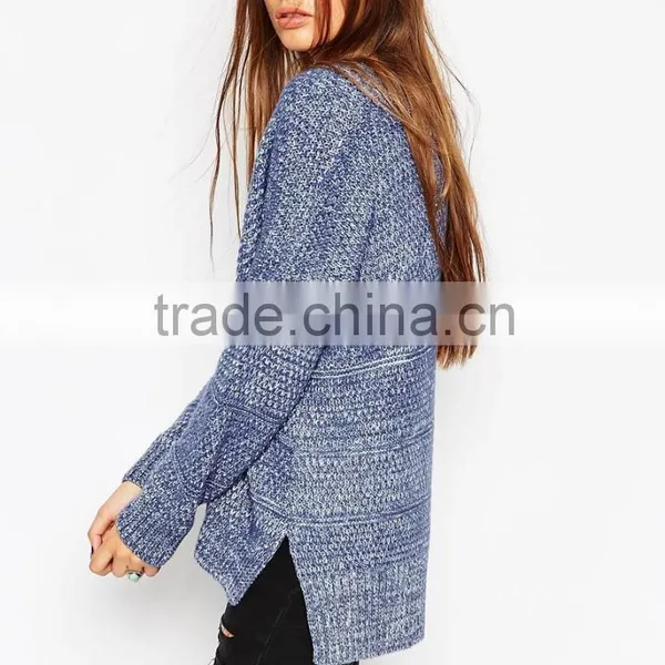 Ladies Blue Knit Sweater Knitting Pattern Free V Neck Chunky Tunic Thin Sweater photo-4