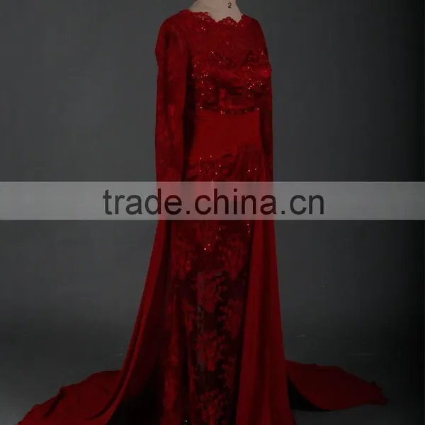 RSE665 Sexu Back Open Keyhole Long Sleeves Wine Red Arabic Patterns Of Lace Evening Dress photo-6