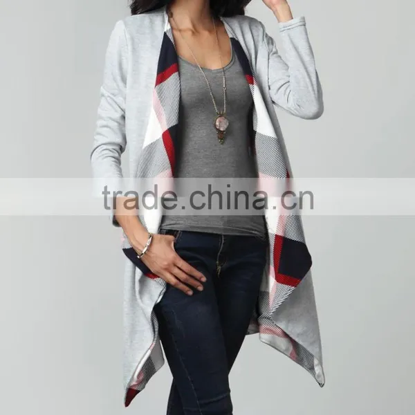 OEM Latest Ladies Women Fashion Long Sleeve Gray French Terry & Plaid Lined Drape Cardigan Sweaters Wholesale photo-3