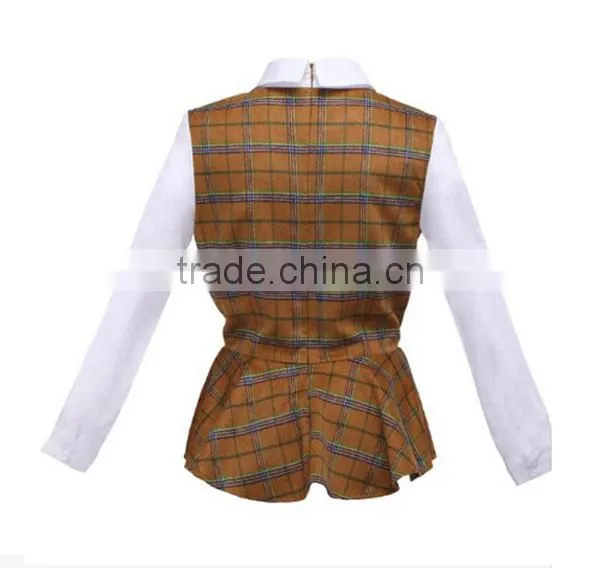 2015 Fashion Cotton Check Chiffon Ruffle Bottom Long Sleeves Direct Manufacturer High Quality Big Sleeve Blouse photo-5