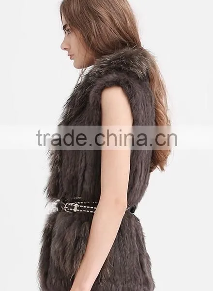 YR644 Women Genuine Rabbit Hand Knit With Raccoon Fur Waistcoat Yanran Fur Factory OEM Order Fur Gilet photo-5