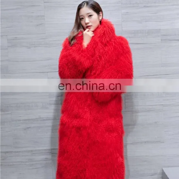 Genuine Curly Real Lamb Fur Long Size Coat ,curly Long Hair Mongolian Sheepfur Coat,yellow Tibet Sheepskin Fur Coat for Winter