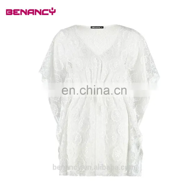 Fancy Flower Short Cover Up Bikini Lace V Neck Kaftan photo-4