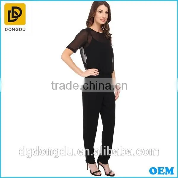 Latest Style Hot Sale Illusion Short Sleeves Elasticized Waist Jumpsuit For Women photo-5