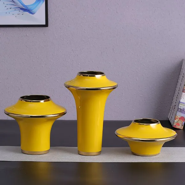 Flying Saucer Creative Three-Piece Yellow Green White Jingdezhen Gilded Ceramic Vase Hotel Decoration photo-3