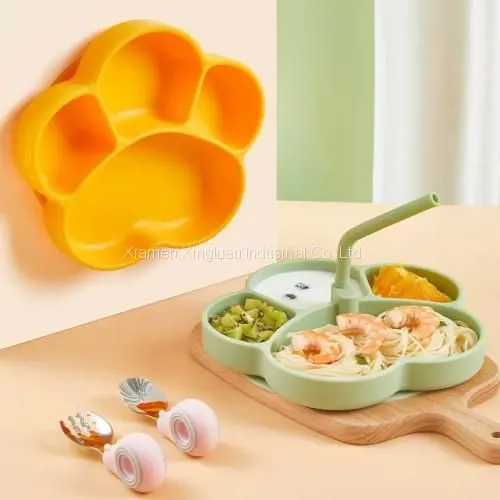 One-piece Baby Silicone Straw Bowl Tray Learning Eating Training Spoon Tableware Set photo-2