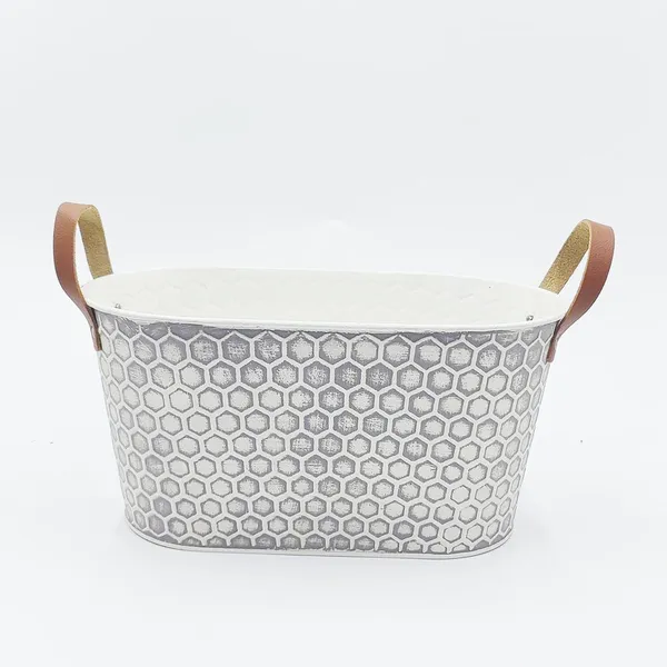 Farmhouse Oval Metal Planter Basket, Honeycomb Embossed Iron Flower Pot With Handles for Home Dried Floral Decor photo-2