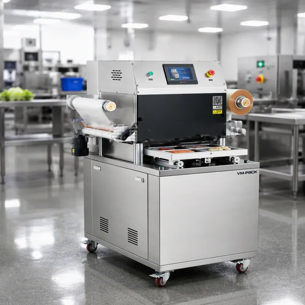 QD-440 Industrielle Vakuum-Skin-Pack-Siegelmaschine für Lebensmittel, 380V, mit einstellbarer Folienführung für frisches Fleisch, Meeresfrüchte und Fast Food
