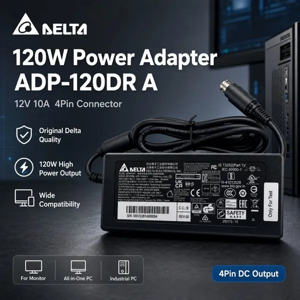 Delta Original Brand‑New 120W Power Adapter 12V 10A 4‑Pin DC Connector, C14 AC Inlet 100‑240V Wide Voltage Power Supply