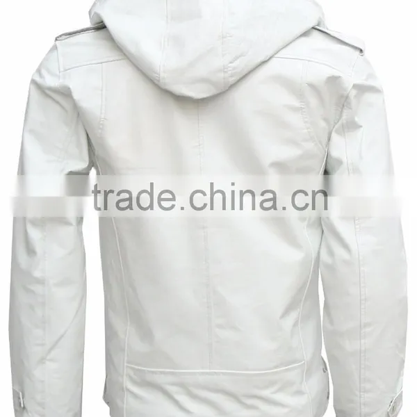 White Leather Hooded Custom Man Fashion Leather Jacket photo-2
