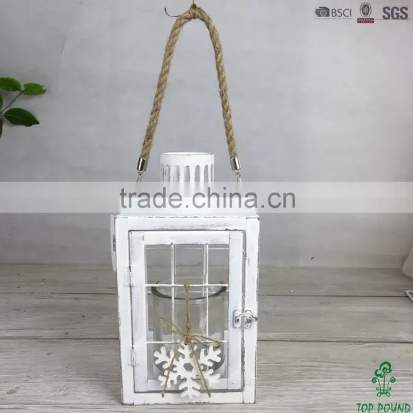 S Size Antique White Metal Lantern With Glass Candle Holder and Jute Rope Handle photo-2