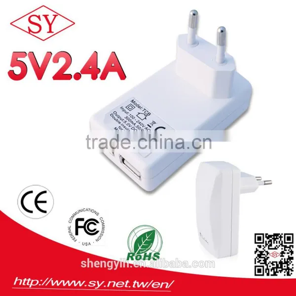 SY D2 5V/2.4A 2 USB Port Travel Charger for Europe Middle East South America Russia Rohs CE
